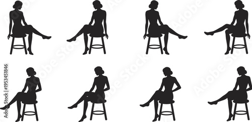 Elegant woman sitting stool silhouette set various poses female figure minimal black design isolated collection character pose flat vector illustration