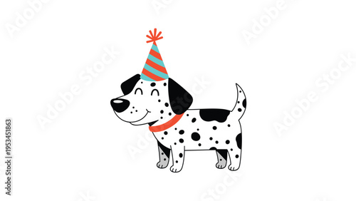Happy dalmatian puppy dog wearing a striped birthday party hat and a red collar while smiling on a plain white background.