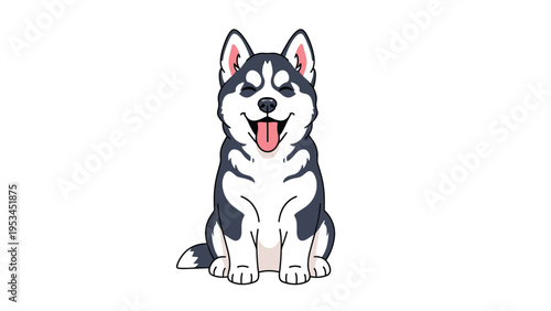 Cute siberian husky puppy sitting down with its eyes closed and tongue out in a happy and satisfied expression on a white background.
