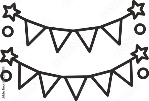 A black and white image of two festive bunting garlands with stars