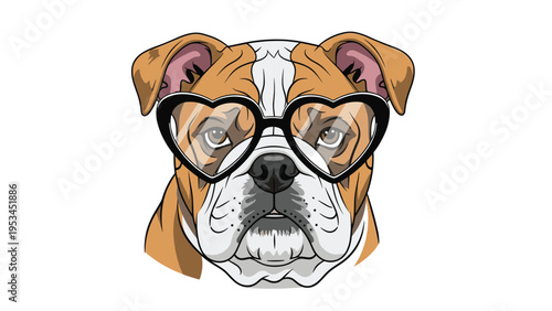 Detailed portrait illustration of a serious looking bulldog wearing large black heart-shaped glasses over a white background.