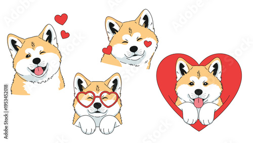 Collection of four cute shiba inu puppy dog illustrations featuring themes of love with hearts, winks, and heart-shaped glasses.