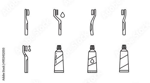 Toothbrush and Toothpaste Icons: Oral Hygiene Set Flat Line Design Health Concept