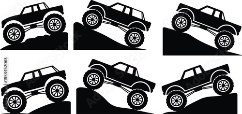 Silhouettes of powerful monster trucks climbing rugged hills and uneven terrain, showcasing off-road suspension dynamics, large tires, and adventurous driving angles for extreme sports enthusiasts.