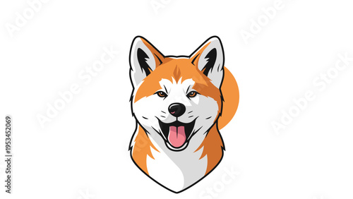 Striking portrait illustration of an akita inu or shiba inu dog face with its tongue out on a white and orange circular background.