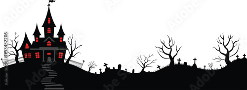 Spooky Halloween haunted house illustration with glowing red windows, eerie graveyard, leafless trees, wrought iron fence, dark atmospheric design perfect for seasonal decorations