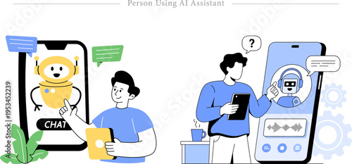 Person Using AI Assistant Flat Vector Conversational AI Voice Chatbot Illustration