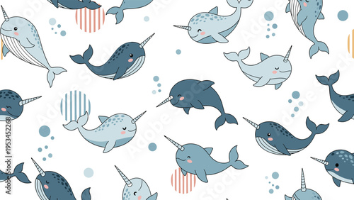 Cute seamless pattern for children featuring smiling blue and grey narwhals swimming among dots and striped circular shapes.