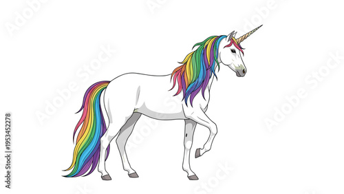 Beautiful white unicorn walking gracefully with a long flowing rainbow colored mane and tail on a plain white background.