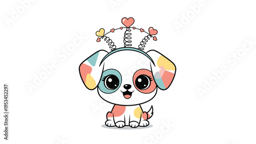 Cute white puppy dog with colorful circular spots on its fur wearing a festive headband with four pink hearts on springs.