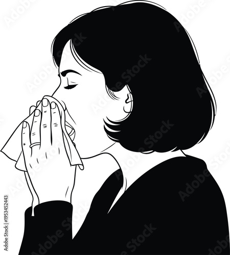 Woman blowing her nose into a tissue isolated on white background