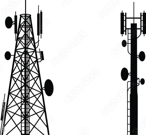 Black silhouette illustrations of lattice and monopole communication towers with antennas and satellite dishes, showcasing telecommunication infrastructure for mobile networks, radio