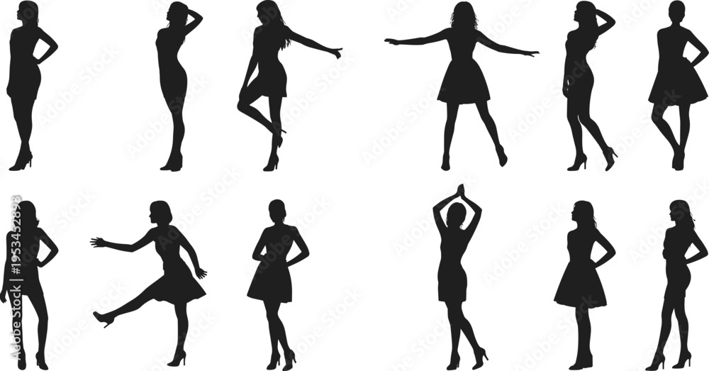 Fototapeta premium Fashion women silhouette set stylish female poses standing walking elegance model black dress high heels vector illustration collection