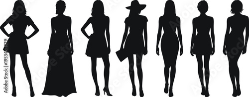 Fashion women silhouettes collection, stylish female models standing walking poses, elegance beauty style concept isolated, flat vector illustration