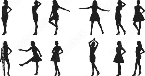 Fashion women silhouette set stylish female poses standing walking elegance model black dress high heels vector illustration collection