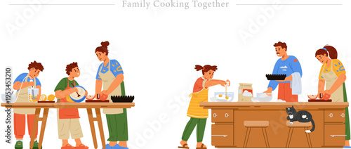 Family Cooking Together Flat Vector Culinary Education Kitchen Teamwork Illustration