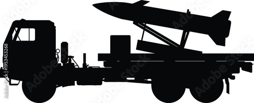 Black silhouette military truck with mounted missile launcher illustration, defense technology icon design for army equipment, strategic operations, warfare concept, and security system artwork