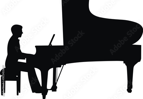 Pianist silhouette playing grand piano, classical music performance, musician at instrument, elegant concert scene, black isolated vector, artistic illustration