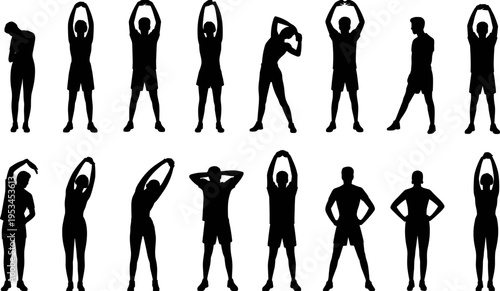 fitness stretching silhouettes set, men and women doing warm up exercises, body flexibility workout training vector illustration collection