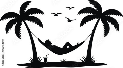 Relaxing man hammock silhouette, tropical beach scene, palm trees, summer vacation, island lifestyle, leisure отдых, ocean birds, peaceful отдыха illustration isolated