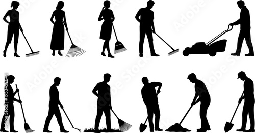 Gardeners and cleaning workers silhouettes set with rake broom shovel lawn mower gardening and yard work, flat vector illustration