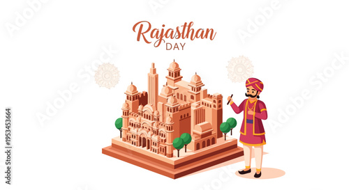 Illustration of a traditional Rajasthani man standing beside a stylized building on Rajasthan Day with vibrant, cultural elements and a festive mood.