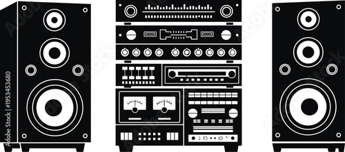 Vintage stereo system silhouette, audio speakers set, retro music equipment, sound system components, amplifier, equalizer, classic hi fi isolated illustration