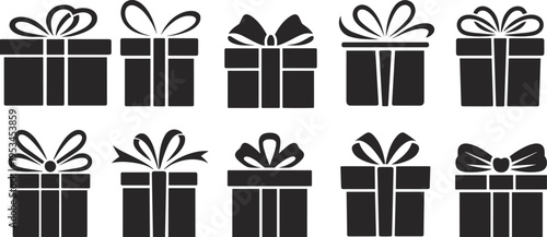 gift, present, box, icon, silhouette, ribbon, bow, surprise, celebration, birthday, holiday, package, decoration, symbol, set, isolated, black, flat, vector, illustration