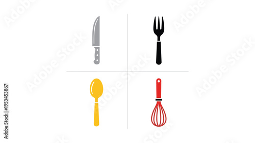 Four essential kitchen utensils displayed in a simple and clean layout