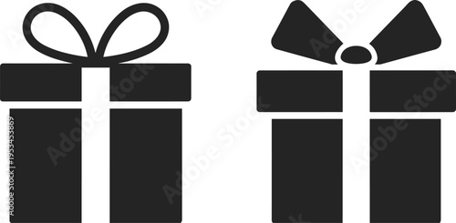 gift, present, box, silhouette, ribbon, bow, surprise, celebration, birthday, package, icon, holiday, decoration, isolated, black, symbol, flat, vector, illustration, set