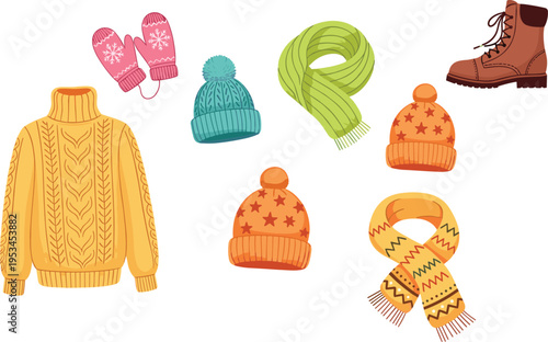 Winter accessories collection with sweaters hats scarves mittens and boots, cozy seasonal clothing set in vector illustration style