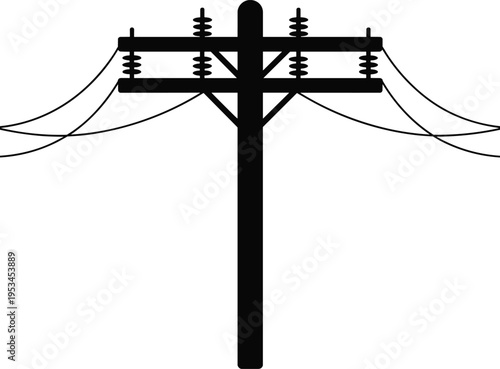 Black Silhouette Vector of Electric Utility Pole with Power Lines for Energy Infrastructure Industrial Network Supply Telecommunications Technology Development and Urban Engineering Services Design
