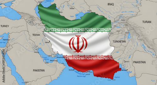 The flag of iran waving over a map of the middle east region