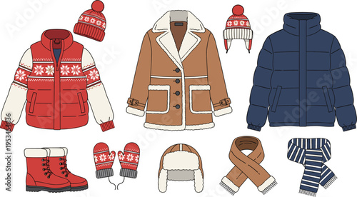 Winter clothing collection with jackets boots hats gloves scarves and warm apparel cozy seasonal fashion vector illustration set