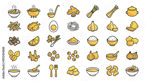 Indonesian Soto Soup Ingredients Icon Set in Linear Style. A collection of food linear icons, including chicken, ginger, garlic, egg, turmeric, lime, spices, noodles, bowl, broth, and more. Vector.
