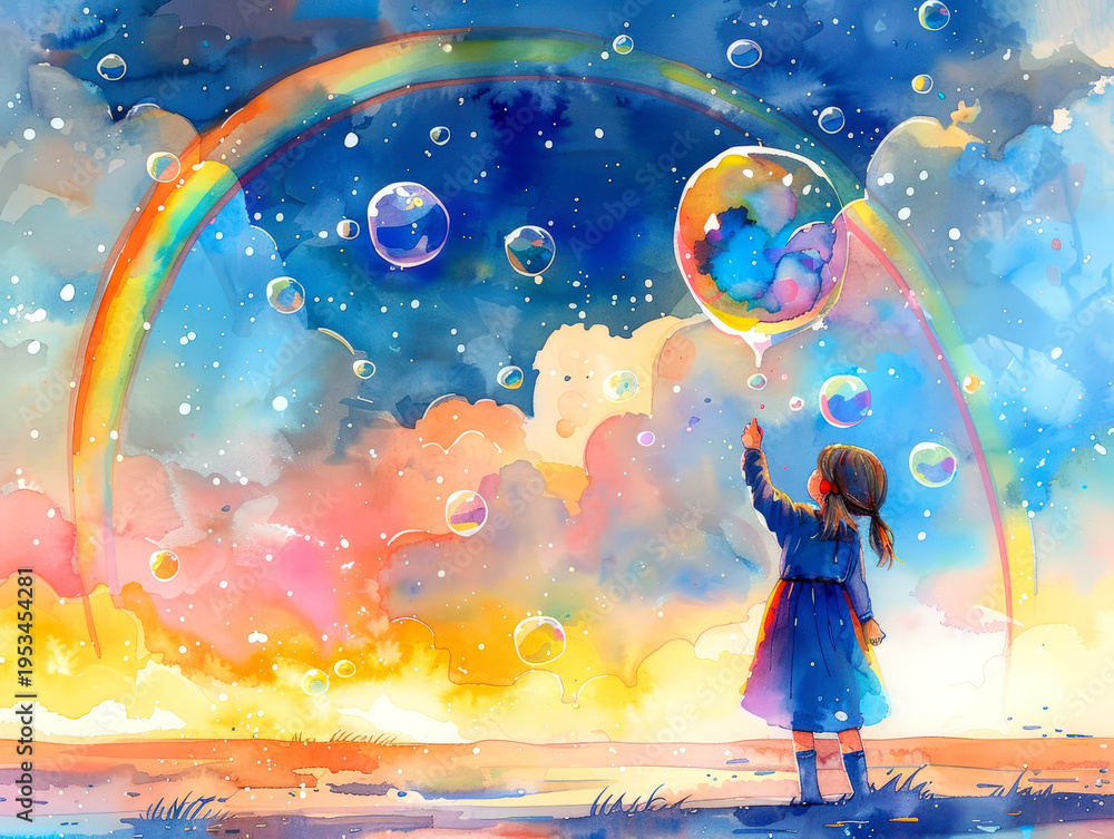 Naklejka premium Watercolor illustration, girl launching soap bubbles against background of blue sky and rainbow. Soothing and peaceful composition.