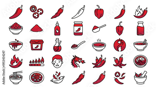 Spicy Chili Pepper Icon Set in Linear Style. A collection of food icons representing hot flavor, including capsicum, habanero, sauce, spice, powder, flame, ramen, dragon, and more. Editable stroke.