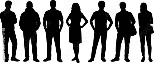 Group of people silhouettes standing together isolated on white background, diverse men and women crowd concept, flat vector illustration