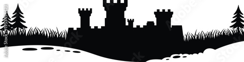 Black Silhouette Vector of Medieval Castle Fortress with Stone Towers and Battlements Surrounded by Grass Fields and Pine Trees for Panoramic Landscape Design