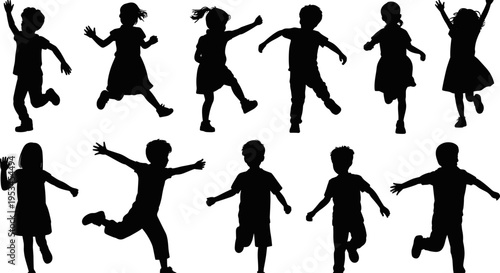Happy children running jumping silhouette set playful kids activity collection energetic boys girls isolated black figures flat vector illustration