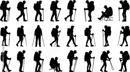 hiker and trekking silhouettes set, backpacker walking with trekking poles, mountain hiking adventure traveler vector illustration collection