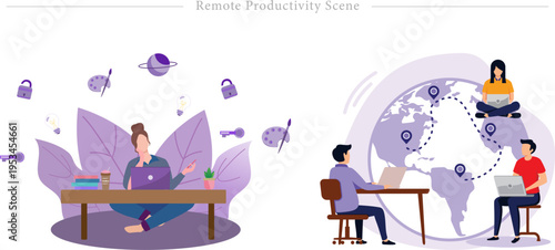 Remote Productivity Scene Flat Vector Creative Flow Global Collaboration Illustration
