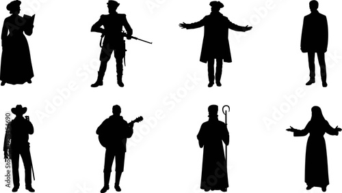 Historical and cultural people silhouettes set including cowboy, soldier, musician, priest, woman reading, traditional characters collection, flat vector illustration