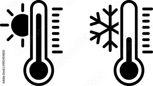 Hot and cold temperature thermometer icons set, summer heat and winter freeze symbols, weather climate indicators, flat vector illustration