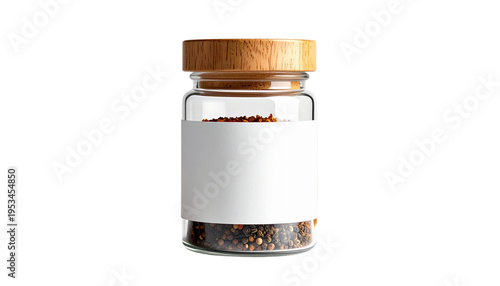 Cooking ingredients in glass jars on a white background.