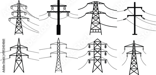 Collection of eight electrical transmission towers and utility poles supporting overhead power lines, diverse engineering designs for energy distribution infrastructure illustration