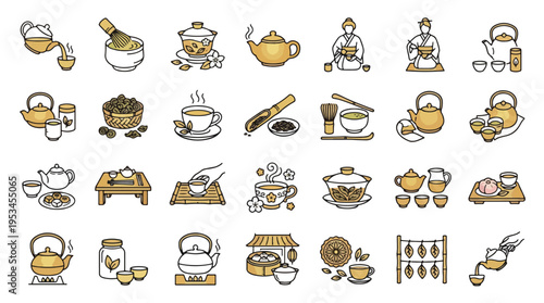 Traditional Tea Ceremony Icon Set in Linear Style. A collection of tea culture icons, including teapot, matcha, whisk, cup, leaf, gaiwan, ceremony, snacks, kettle, brew, pot, and more. Vector.