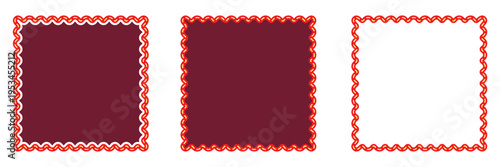 Wavy border square frame set with red zigzag edge and maroon background. Decorative ticket or cinema invitation, blank certificate border, scalloped.