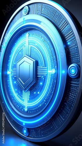 Futuristic glowing blue digital coin with intricate circuitry and hexagonal core on a dark reflective surface