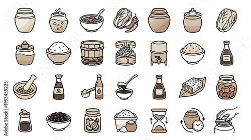 Fermented food icon set in linear style. A collection of fermentation linear icons, including kimchi, miso, soy sauce, pottery jars, vinegar, tempeh, healthy grains, and more. Vector illustration.
